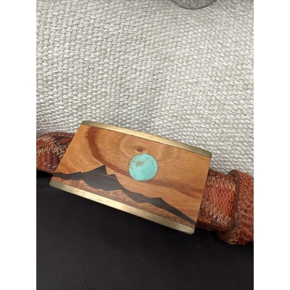 Wood Turquoise Brass Inlay Landscape Buckle Lizard  Belt Hippie Vtg Sky West 34 - Picture 1 of 11